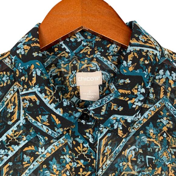 Chicos Tunic Shirt Longer Length Top Semi Sheer Black Blue Women's 2 L 12 - Picture 3 of 9